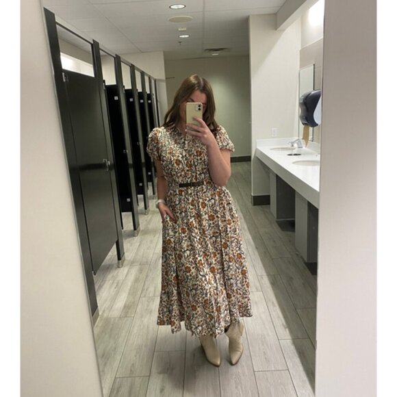 Anthropologie Dresses & Skirts - ANTHROPOLOGIE Maeve Short-Sleeve Belted Midi Shirt Dress in Neutral Size Medium